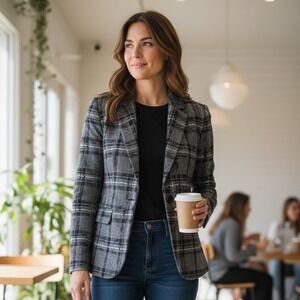 Tribal Womens Grey Black Plaid Single Button Blazer Jacket Size 6 Professional